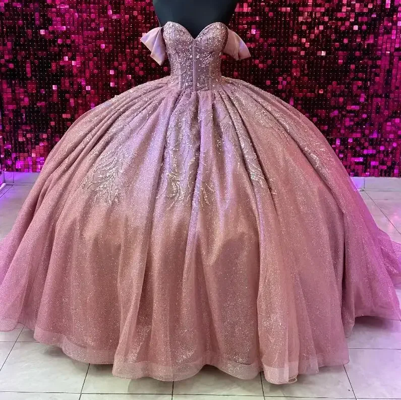 Final Sale one-shoulder dressRose Pink Shiny Quinceanera Dresses 2024 Beads Crystal Tull Sweethear Princess Sweet 15 16 Year Birthday Party Gown Gift vesti