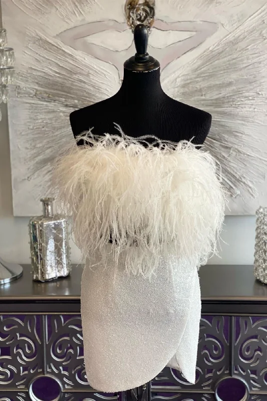 fitted dressWhite Sequins Strapless Homecoming Dress with Feathers