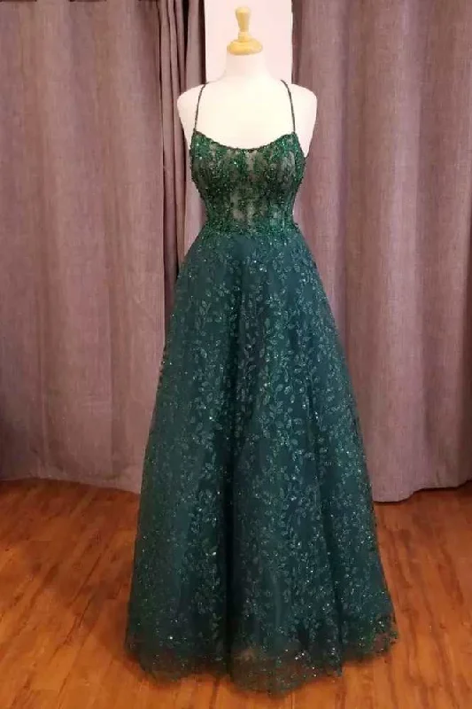 flowy dressHunter Green Floral Lace Scoop Neck A-Line Formal Dress