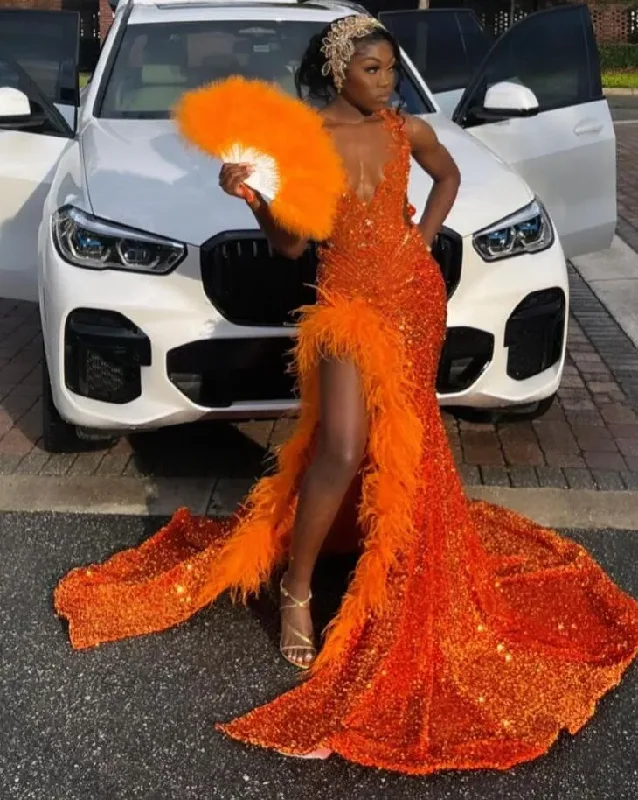 Deep Discounts stylish dressOrange Sparkly African Evening Reception Dresses for Women Luxury Diamond Crystal Feather Slit Prom Gown vestidos de fiesta