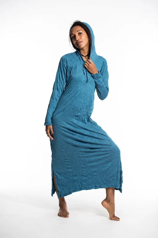 Instant Discount Womens Solid Color Long Hoodie Dress in Denim Blue