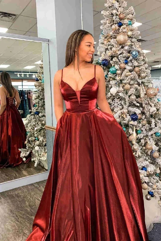 Deal Dash trendy wrap dressElegant Spaghetti Straps Burgundy Satin Prom Dress