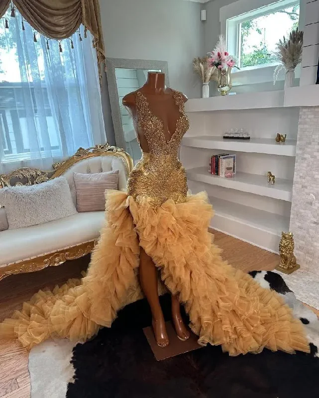 Bargain Prices modern dressGold High Low Black Girl Prom Dress for Women 2024 Sparkly Diamond Crystal Ruffles Skirt Mermaid Wedding Party Gown Bargain Prices modern dressGold High Low Black Girl Prom Dress for Women 2024 Sparkly Diamond Crystal Ruffles Skirt Mermaid Wedding Party Gown