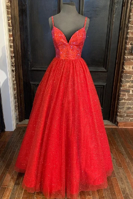 satin midi dressSraps A-line Red Shiny Tulle Prom Gown