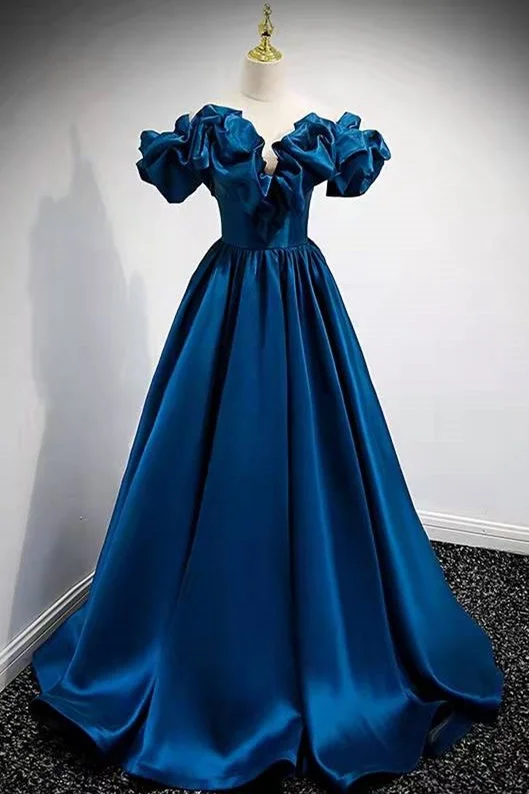 luxury dressA-Line Dark Blue Off-the-Shoulder Stain Prom Gown