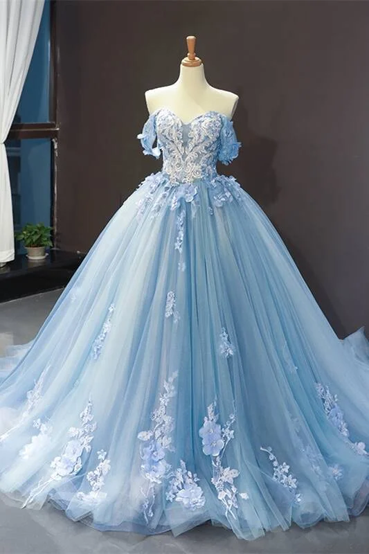 Crazy Deals wrap-around dressOff the Shoulder Blue Tulle and White Lace Appliques Ball Gown
