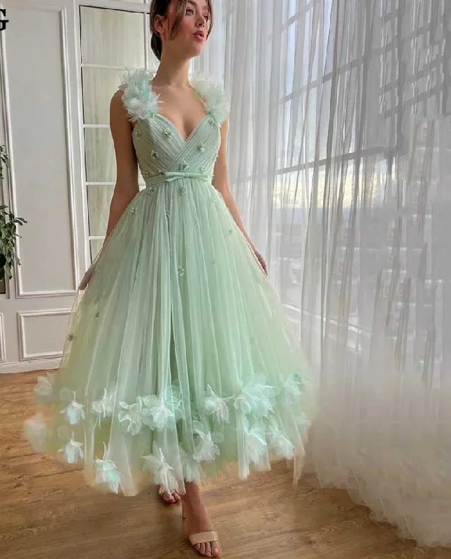 Can't Miss trendy bodycon dressMint Green Prom Dresses Fairy 3D Flowers Party Dress For Women Princess Tea Length Formal Wedding Gowns Summer