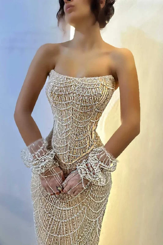 Overstock Sale chic shift dressLuxury Arabic Champagne Sequined Pearls Evening Dresses Mermaid Strapless Beaded With Sleeves Formal Prom Party Gowns Vestidos