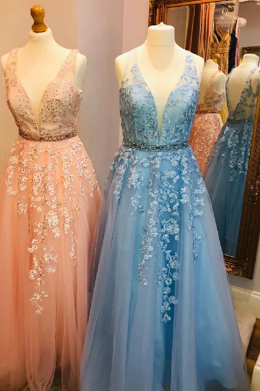 Online Only v-neck dressElegant V Neck Appliques A-Line Long Tulle Prom Dress