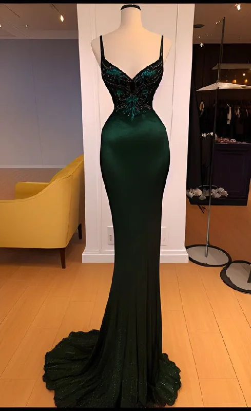 casual day dressVintage Mermaid Dark Green Satin Long Prom Dress Evening Dress Y7719