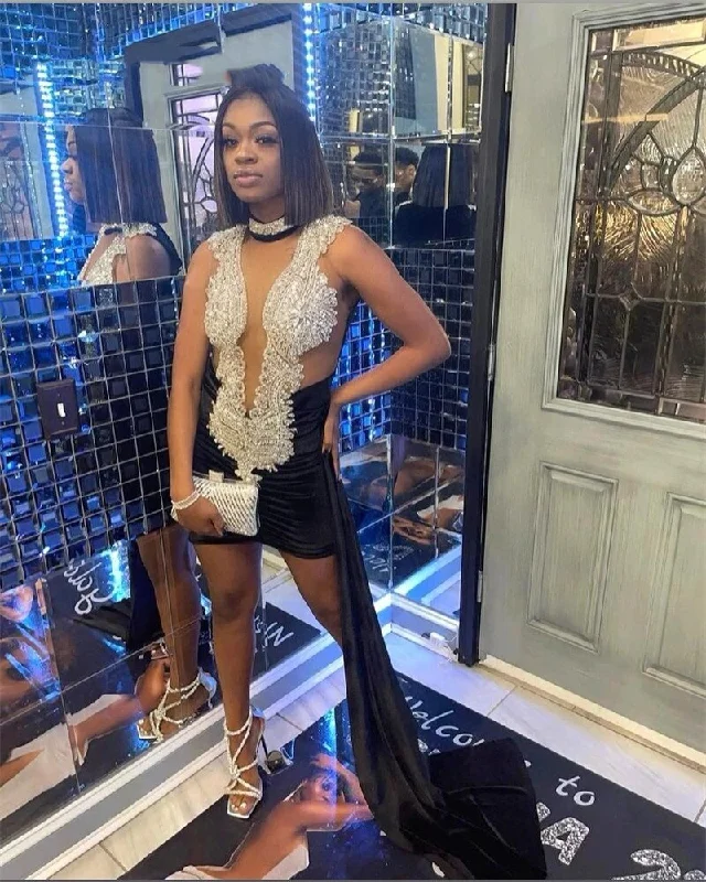 Limited Availability chic slip dressSexy Black Velvet Sheath Prom Dresses For Girls Beaded Crystal Birthday Party Mini Homecoming Gowns Abiti Da