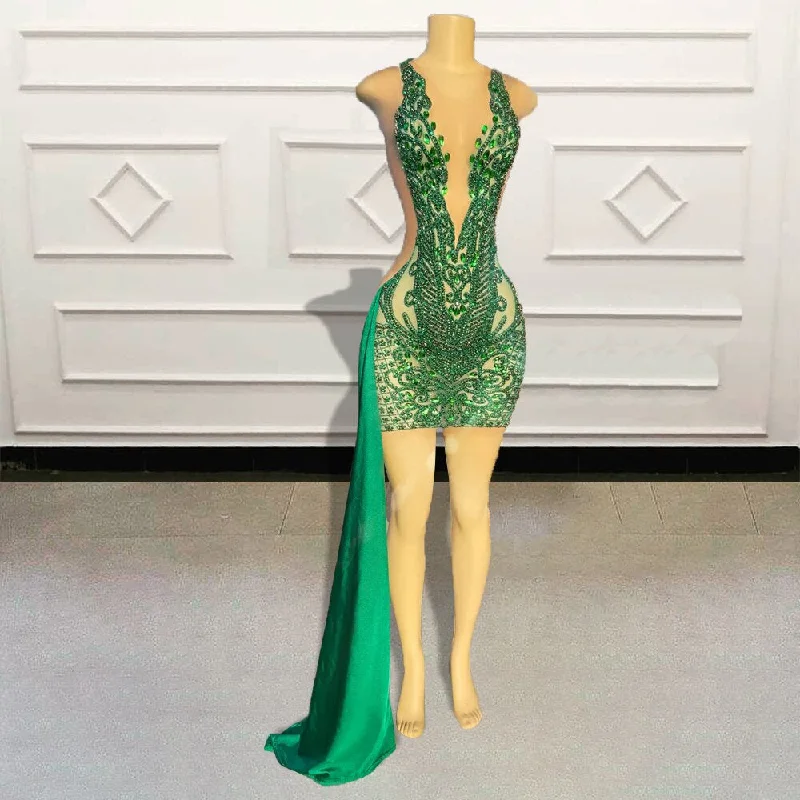 trendy dressBlack Girls Luxury Beaded Diamond Green Short Prom Dresses for Birthday Party Sexy See Through Women Mini Cocktail Gowns