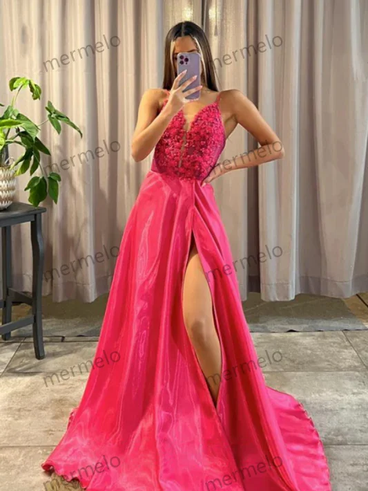 flowy dressPink Deep V-Neck Applique A-Line Long Prom Dress with Slit