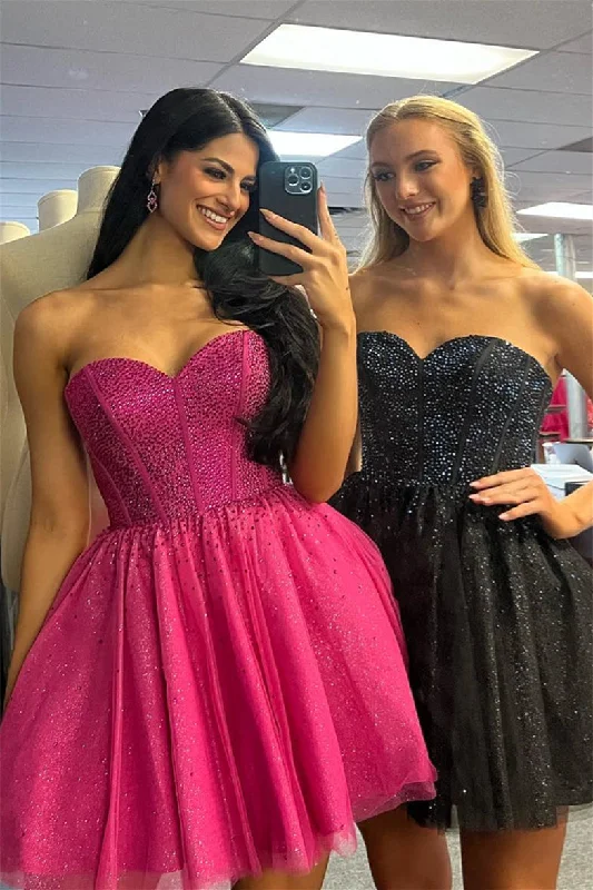 satin dressFuchsia Strapless Beaded A-line Homecoming Dress