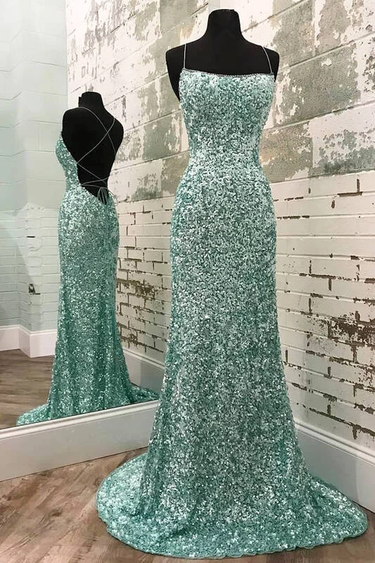 one-shoulder dressMint Green Sequined Mermaid Long Evening Dress