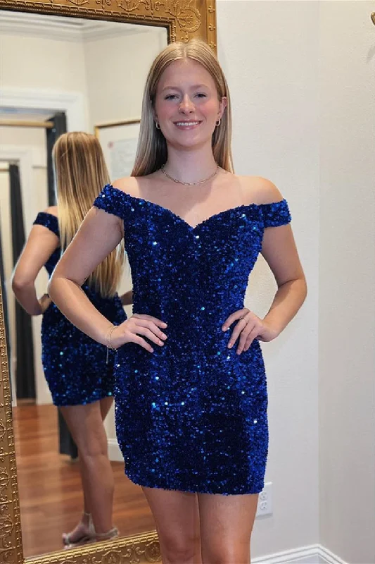 sleek dressRoyal Blue Off-the-Shoulder Sequins Sheath Homecoming Dress