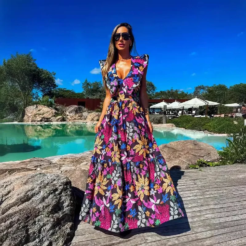 Buy Now printed dressBlue Printed Vacation Style Deep V-neck Sleeveless Women's Long Dress Buy Now printed dressBlue Printed Vacation Style Deep V-neck Sleeveless Women's Long Dress
