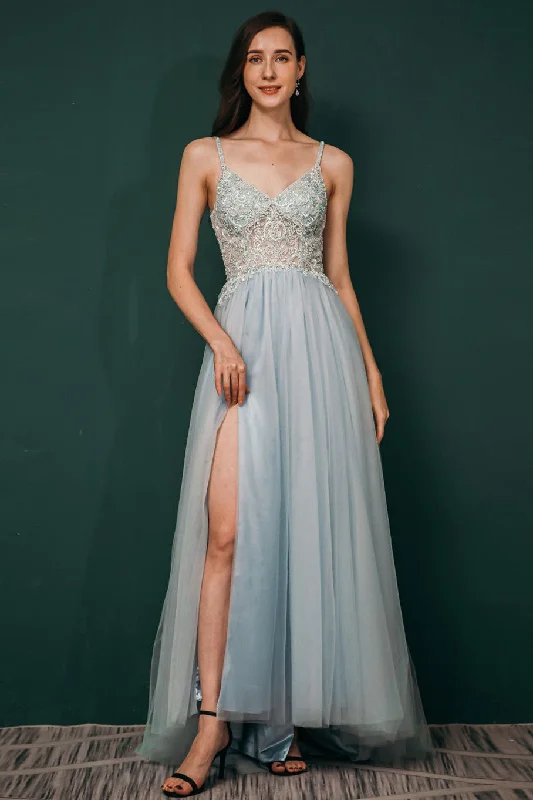Can't Be Beat summer floral dressLight Blue Chiffon A-line Beaded Long Prom Dress