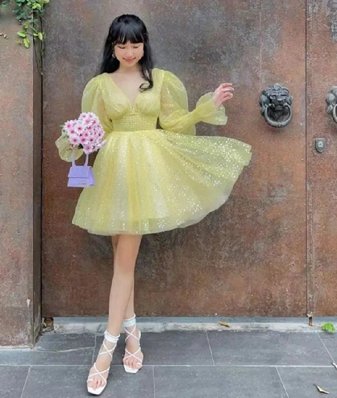 mini dressYellow Glitter Tulle V-neck Homecoming Dresses Puff Sleeves Above Knee Cocktail Dresses Vestidos De Novia Party Dress