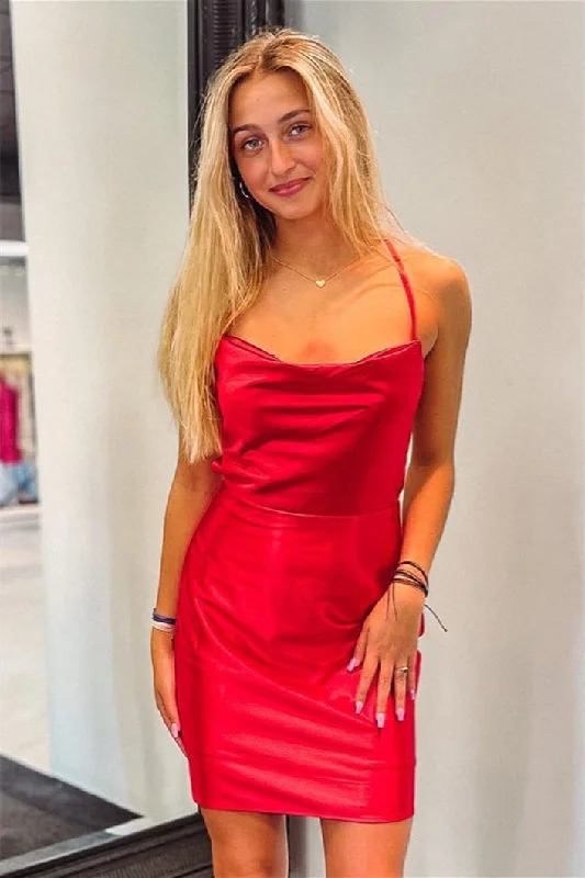 puff sleeve dressRed Satin Cowl Neck Crossed Back Sheath Homecoming Dress