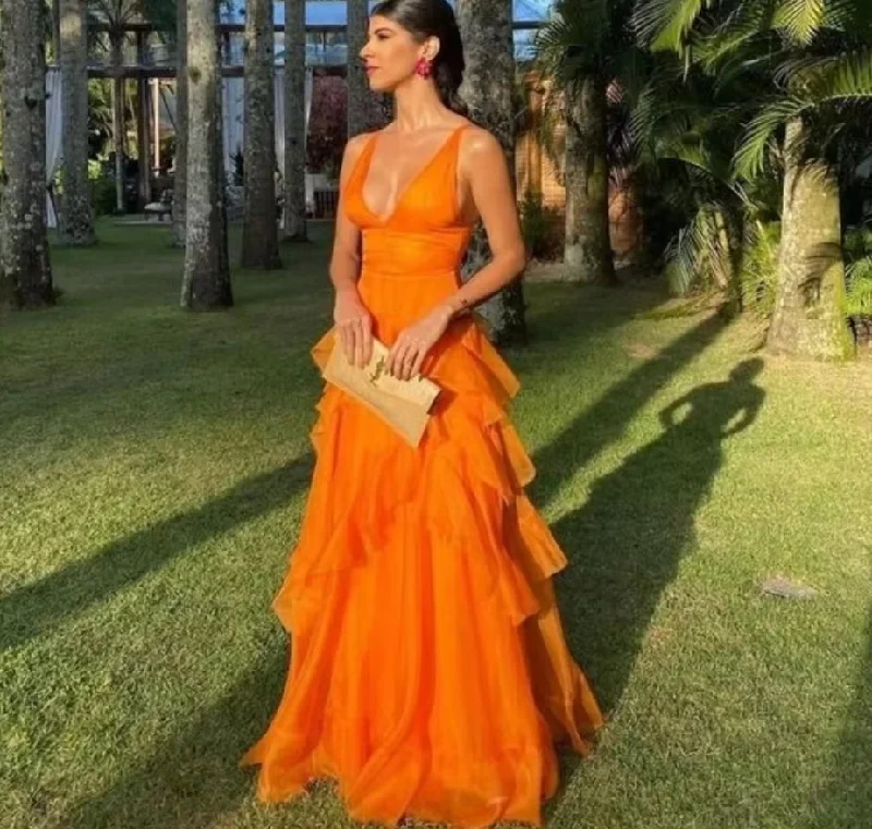 ruched dressSexy V-neck Prom Dressess A-Line Tiered Cocktail Evening Dress Orange Ladies Formal Sleeveless Gown