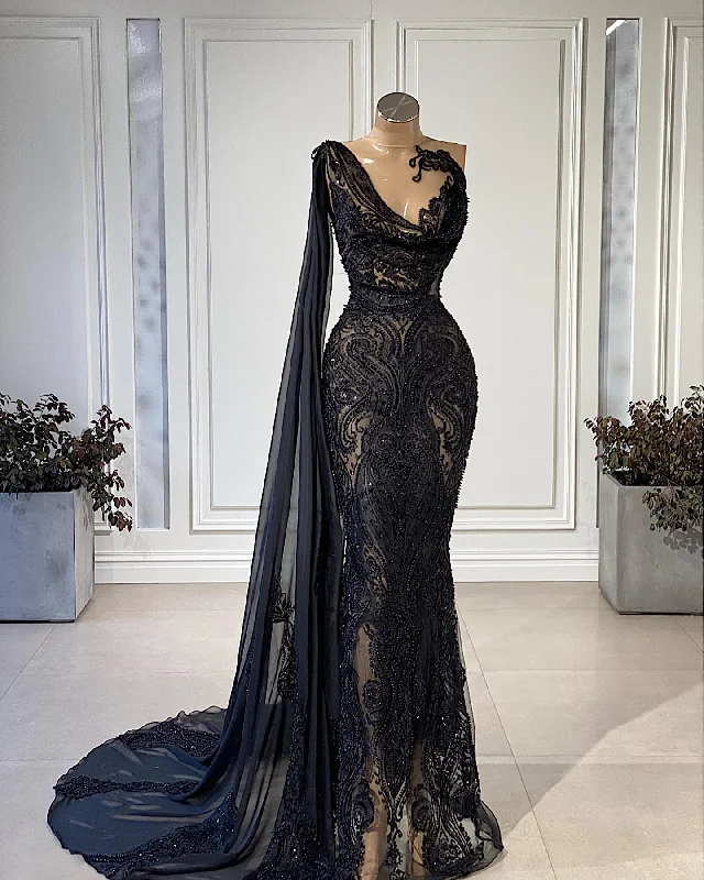 midi dressBlack Luxury Evening Party Dresses Sheer-Neck Prom Gowns For Elegant Women Sweep Train Sequined Lace Appliques Vestidos De Gala