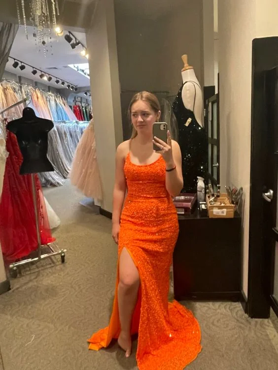 summer floral dressSparkly Orange Prom Dresses Sleeveless Sequined Slit Evening Gown Y7012