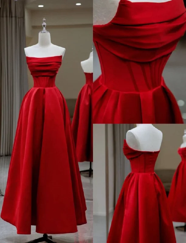 vintage dressStylish Flat Neck Satin Backless Pleated Floor Length A Line Evening Gown Prom Dress  Y6815