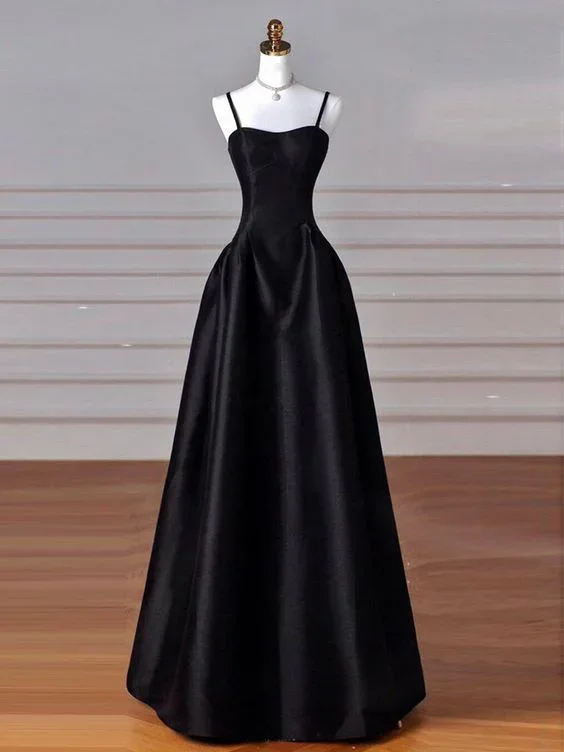 pleated dressA-Line Sweetheart Neck Satin Black Long Prom Dress, Black Long Formal Dress