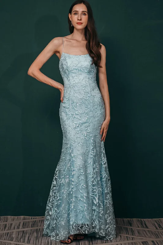 chic shift dressMermaid Light Blue Appliques Long Prom Dress