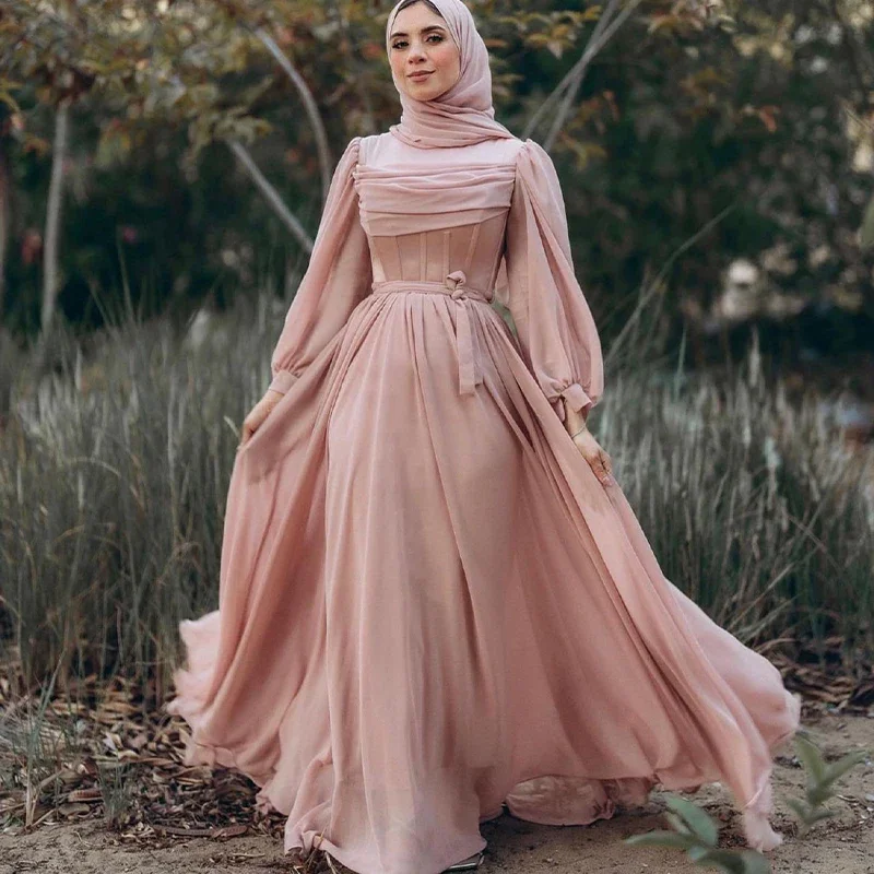 casual midi dressBlush Chiffon Prom Dresses for Hijab Women High Neck Long Sleeves Floor Length A Line Pleats Muslim robe femme soirée Party Gown