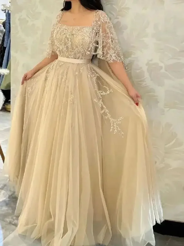 fitted bodycon dressChampagne Tulle Appliques Lace Saudi Arabia Square Collar Prom Dresses Short Sleeves A-Line Formal Evening Gowns For Women