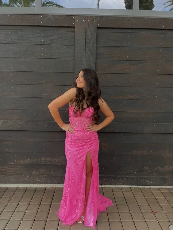 Special Price chic slip dressHot pink lace mermaid prom dress slit evening dress