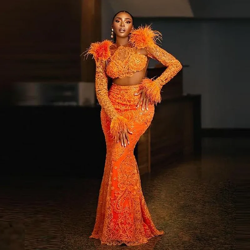 chic dressAso Ebi Lace Evening Dresses With Feathers See Through Long Sleeves Prom Dress African Women Formal Celebrity Birthday Gowns