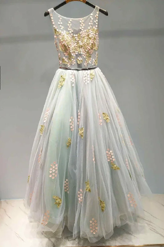 Price Rollback tiered dressElegant Crew Neck Grey Prom Dress with Appliques