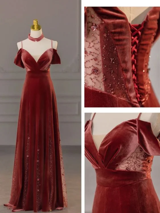 Midnight Madness cocktail dressElegant Women's Velvet Dress Long A-Line Inset Mesh Beaded V-Neck Dress Prom Dress Special Occasion Dress Y6964
