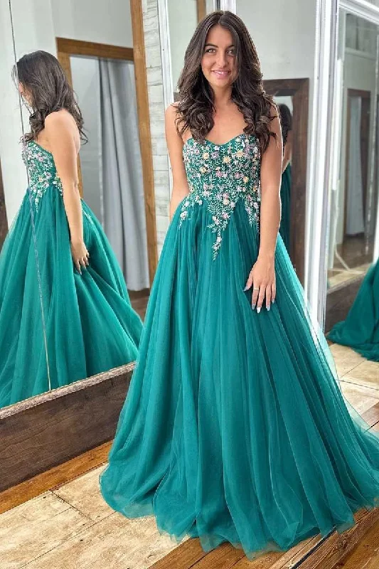 trendy dressEmerald Green Tulle Floral Lace Strapless A-Line Prom Gown