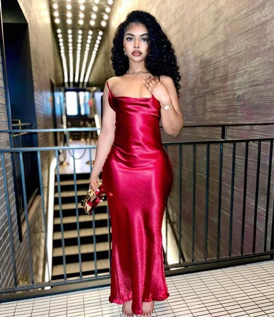 Quick Sale statement dressSexy Red Satin Mermaid Spaghetti Straps Long Evening Dress Y6256