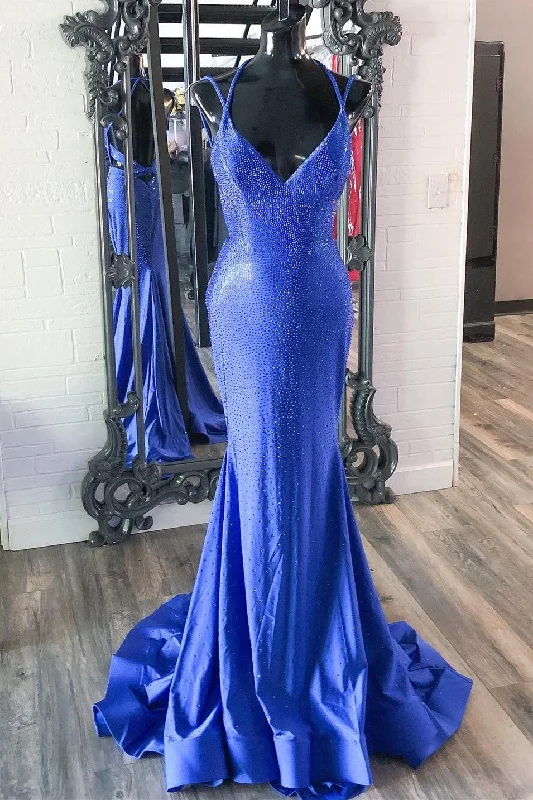 layered dressBeaded Royal Blue Mermaid Long Formal Dress