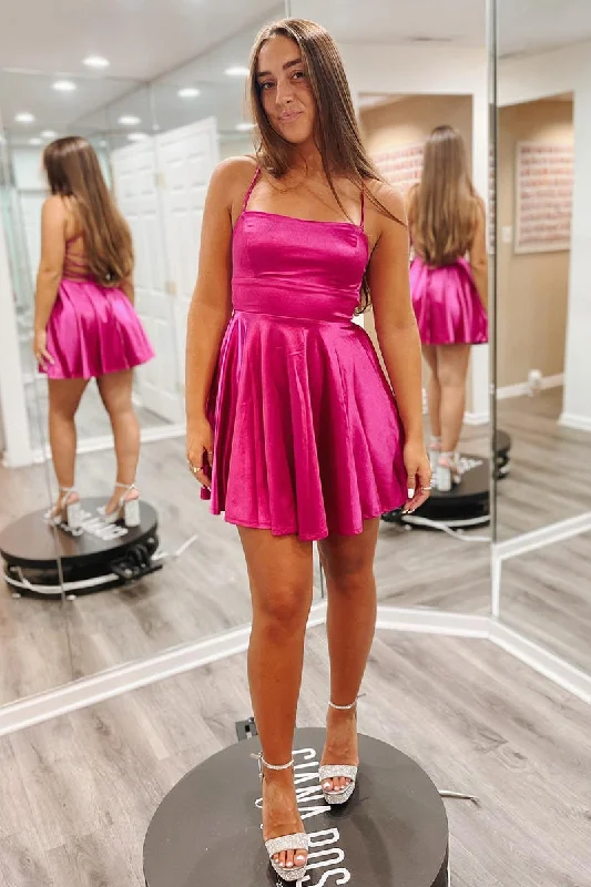 elegant dressFuchsia Lace-Up Satin A-line Homecoming Dress