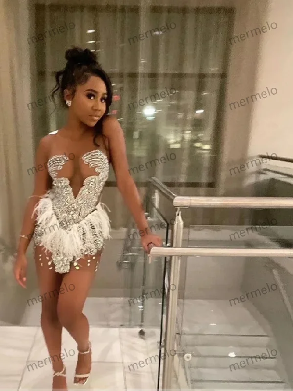 high-waisted dressSexy White Short Prom Dress Beading Crystal Diamonds Luxury Birthday Party Dress