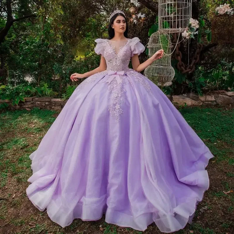 Best Bargains velvet dressLilac Quinceanera Dress Ball Gown Princess Party Dresses for Birthday Scoop Short Sleeves Sparkling Tulle Sweet 15 Year Gowns