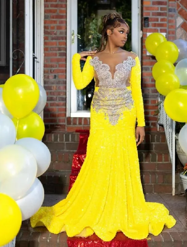 Extra Savings modern dressYellow Luxury African Mermad Evening Formal Dress Long Sleeve Sparkly Diamond Blak Girl Prom Birthday Gown vestidos de gala Extra Savings modern dressYellow Luxury African Mermad Evening Formal Dress Long Sleeve Sparkly Diamond Blak Girl Prom Birthday Gown vestidos de gala
