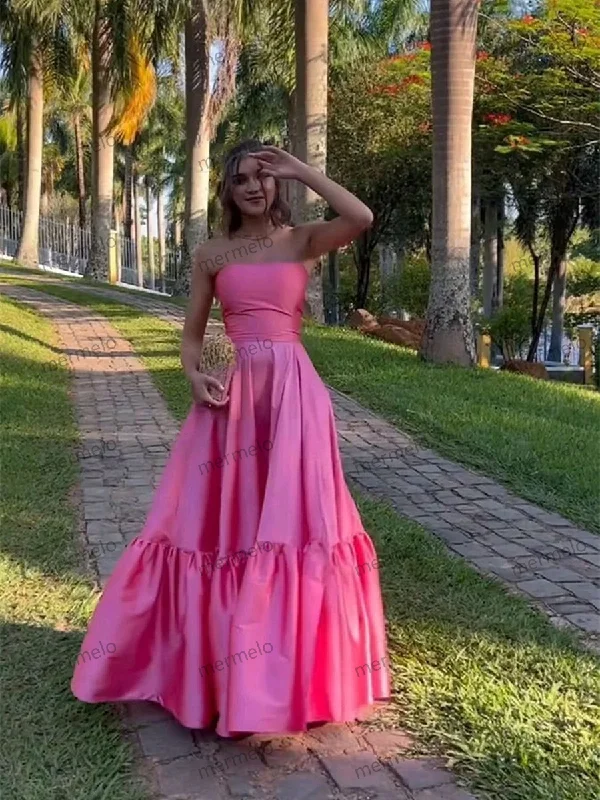 backless dressPink Satin A-line Scoop Floor Length Prom Dress, Pink Satin Party Dress