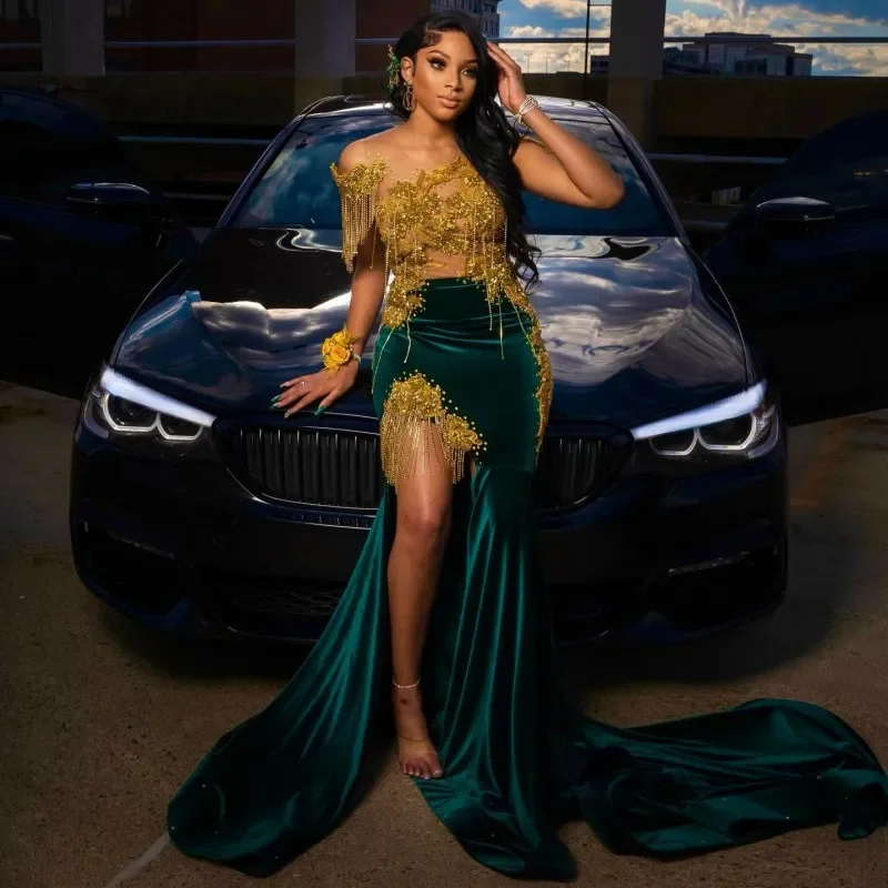 Grand Opening Sale minimalistic dressElegant Green Prom Dresses Gold Rhonestone Mermaid Split Party Gowns See Through Velvet