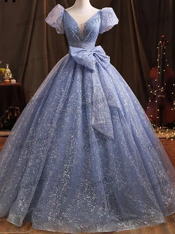 floral dressBallgown, Prom Dress, Quinceanera Dress, Short Sleeves Ballgown, Blue Sparkly Ballgown