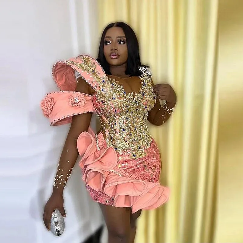 cocktail dressAso Ebi Pink Short Prom Dresses Crystals Beaded Sheer Neck Illusion Long Sleeves African Women Above Knee Birthday Party Gowns