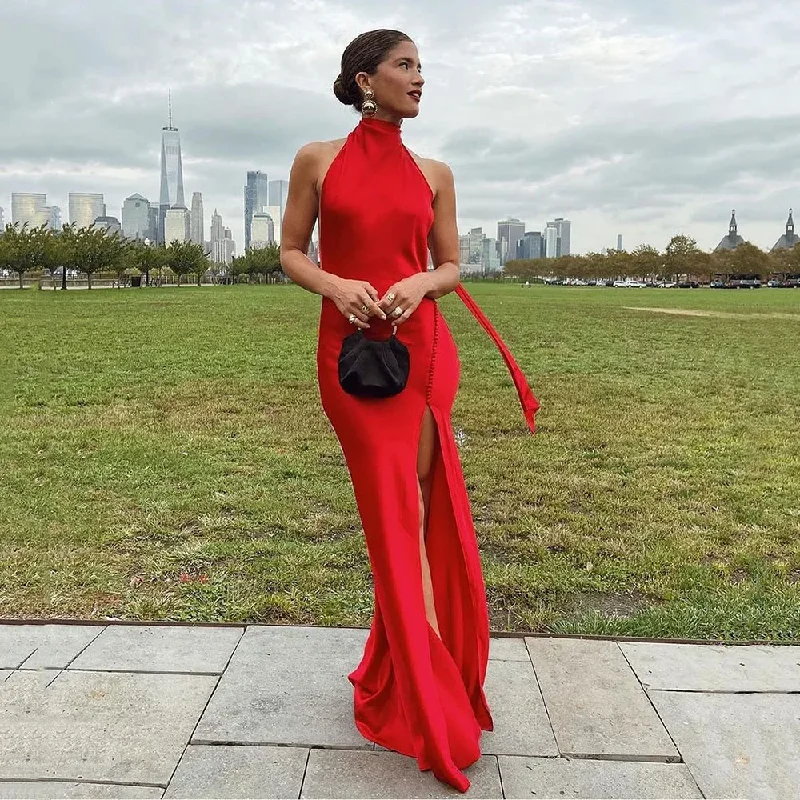 Early Access party-ready dressRed Mermaid Evening Dresses 2024 Sleeveless Side Split Sexy Backless Celebrity Gowns Satin Women Party Dress Prom Gown