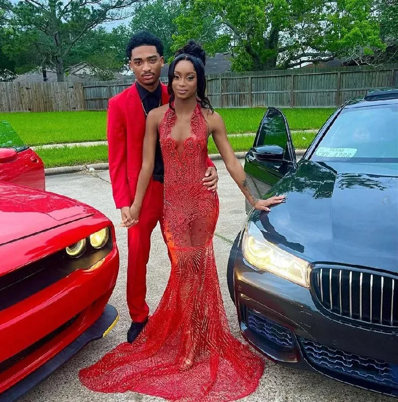 Incredible Offers chic slip dressSparkly Red long African Prom Dresses for Black Girl Gillter Luxury Diamond Crystal Sheer Mesh Evening Ceremony Gala Gown