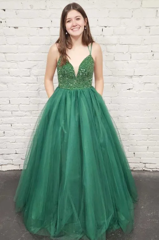 relaxed fit dressGreen Tulle Sequin Lace-Up Back A-Line Prom Gown